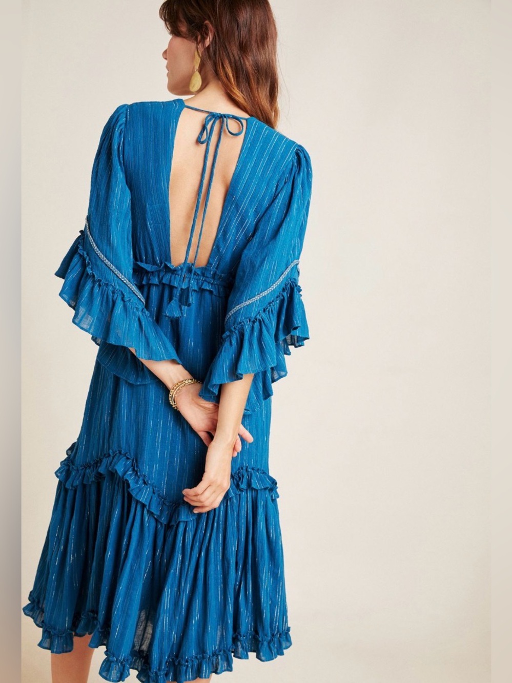 MISA x Anthropologie Karyn Tiered Midi Dress Teal Gold Open Back Boho Medium